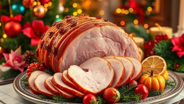 Festive dinner table with Christmas ham and decorations.