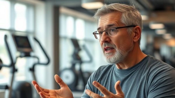 Man discussing chest exercises to avoid with gym overlay.