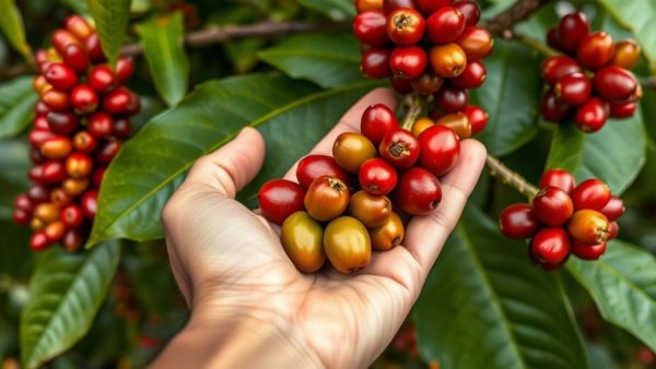 Hand picking ripe coffee cherries amidst vibrant leaves, related to Trump cuts tariffs on beef and coffee.