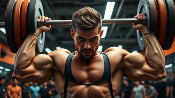 Lifter performing overhead press in gym setting with spectators.