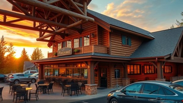 Rustic lodge-style restaurant at sunset related to Twin Hospitality Group acquisition.