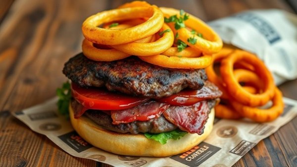Gourmet burger with fries and onion rings, holiday menu options for restaurants.