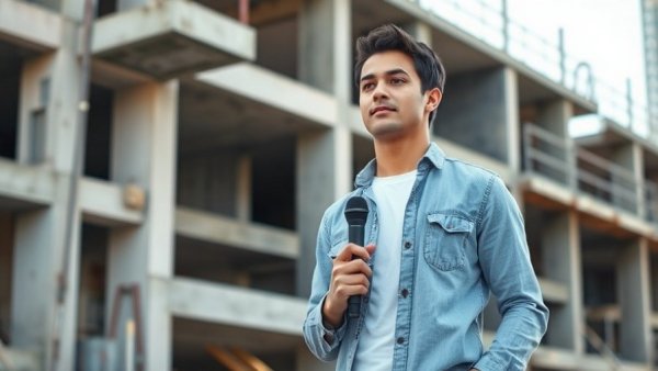 Young man holding microphone at construction site, engineer role context
