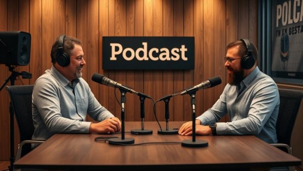Two men in a podcast studio engaging in discussion.