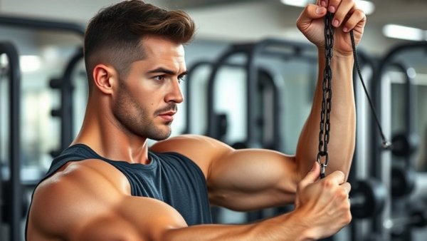 Gym instructor demonstrating bicep injury prevention exercise technique.