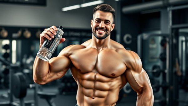 Muscular man holding a bottle in gym, showcasing fit physique.