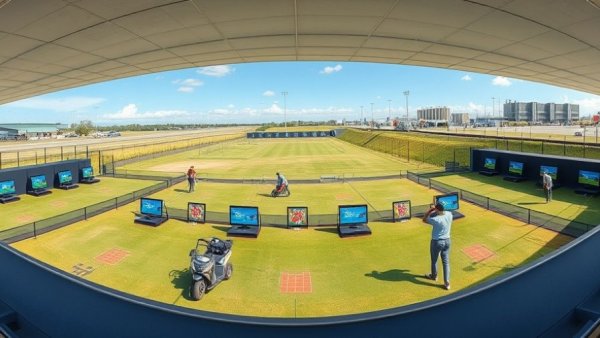 Modern golf driving range with colorful targets and lined bays.