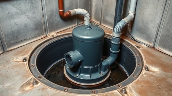 Close-up of restaurant sump pump in basin to prevent freezing.