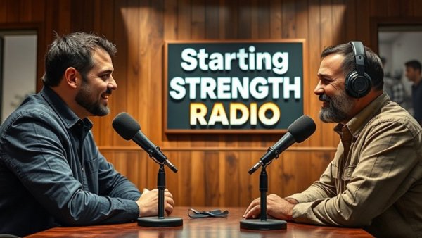 Two men in a radio studio, discussing topics at 'Starting Strength Radio'.