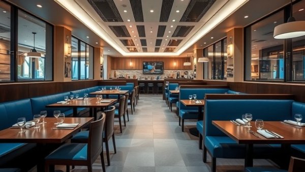 Contemporary restaurant trends amid inflation, empty tables, blue seating.