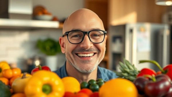 Cheerful man in kitchen with fruit, promoting Festive Dark Chocolate Bark by Michael Symon