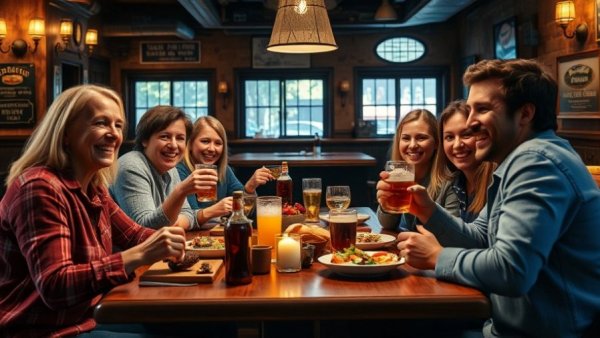 Group of friends dining in a cozy pub, sharing laughter and food, Dining Trends in 2026.