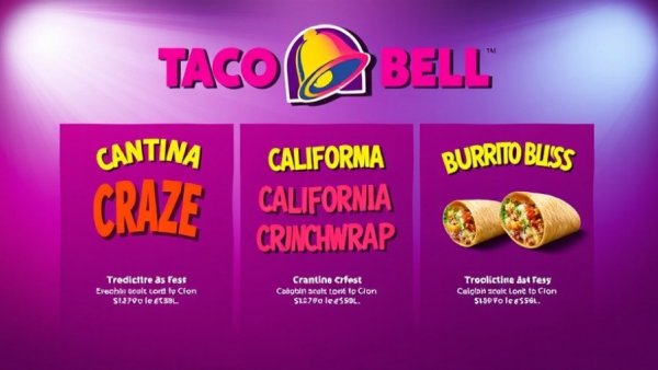 Taco Bell Fan Style Menu with colorful burrito options on purple background.
