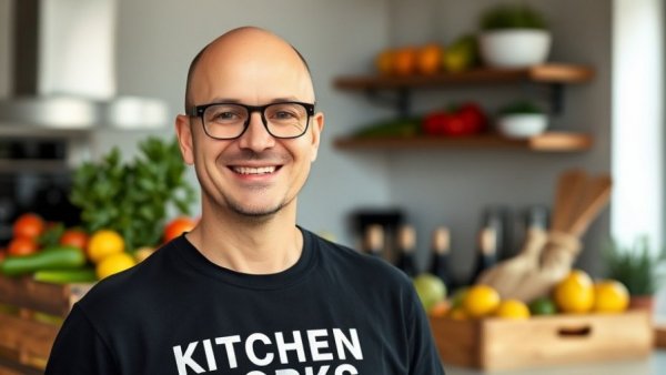 Chef in kitchen with fruit, smiling joyfully, bright kitchen.
