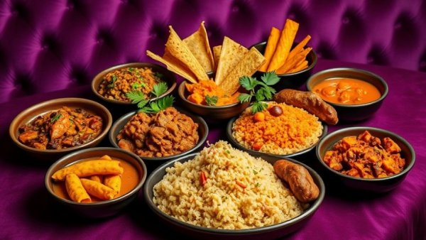 Assorted Nigerian cuisine dishes served on a marble table in Houston.
