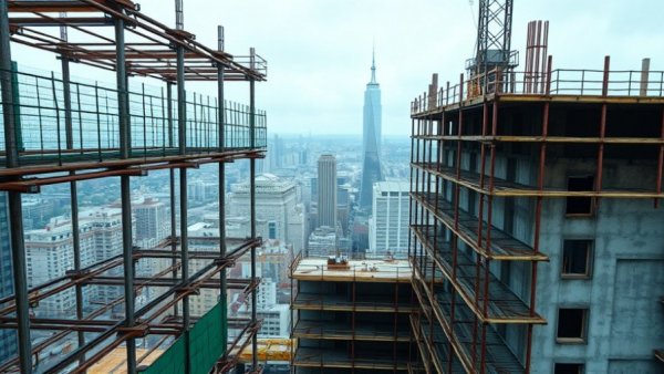 Urban construction site with rebar and city view, impact of fitness on community.