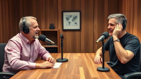Two men discussing in a radio studio, digital nomad lifestyle setting.