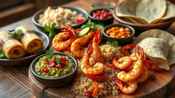 Tocaya holiday menu featuring tamales, shrimp, and guacamole on a wooden table.