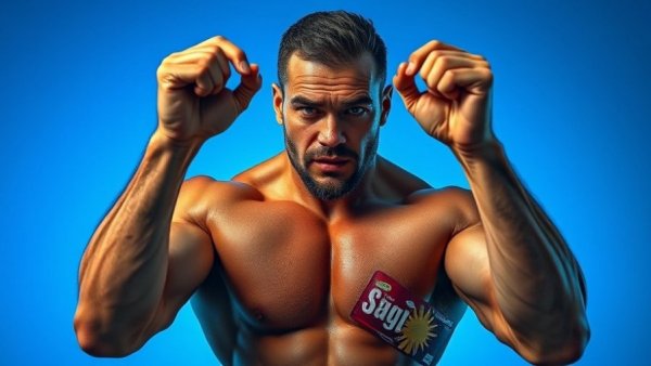 Intense man promoting pump supplements for muscle growth.