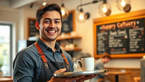 Restaurant worker holding a tray with a cup in a café, showcasing restaurant industry job growth.