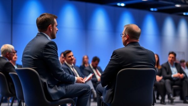 Business professionals discuss restaurant expansion strategies at conference.