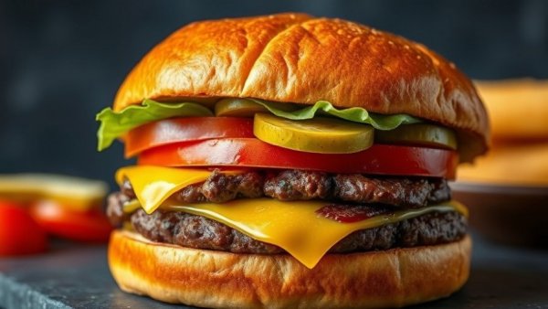 Gourmet burger with double beef patties and melted cheese, showcasing 2026 Culinary Forecast trends.