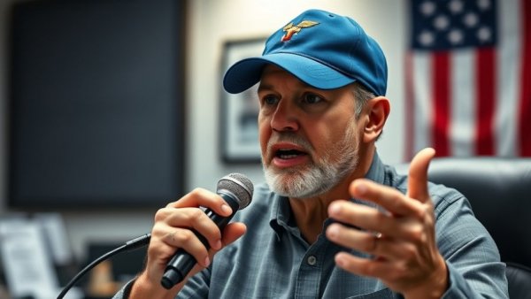 Man discussing BPC-157 and GoBHB on microphone, American flag background.