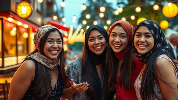 Group of joyful women in a lively outdoor cafe setting.