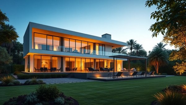 Modern luxury home design decisions for custom build, illuminated terrace.