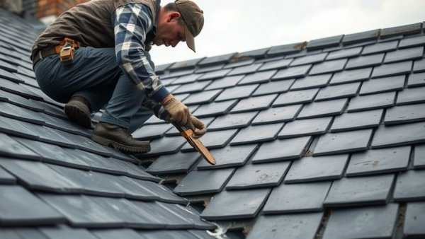 Worker repairing asphalt shingle roof with tools in hand.