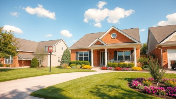 Well-maintained suburban house with lush lawn and blue sky.