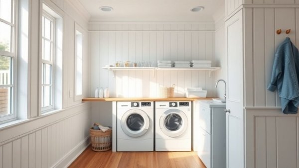 Bright narrow laundry room layout with organized design.