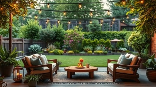 Inviting backyard with cozy seating and string lights, perfect for quick home improvement ideas.