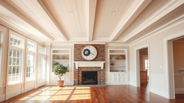 DIY shiplap ceiling with crown molding in elegant living room.