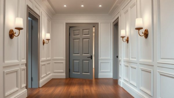 Modern hallway with sticking painted door and hardwood floor.