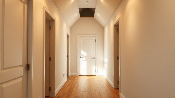 Narrow hallway with concealed attic door, wooden floor.
