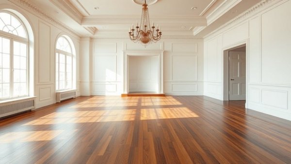 Elegant room with provincial stained floors and modern chandelier.