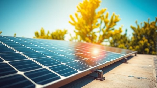 Solar panels on flat roof with green trees in the background, clear daylight.