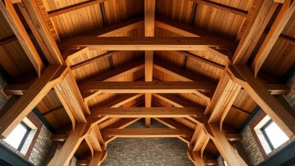 Symmetrical wood beams for home renovation showcase structural design.