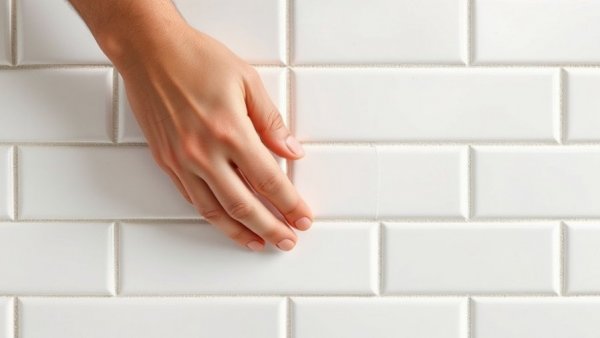 Close-up of kitchen wall tiling process with hands and white tiles