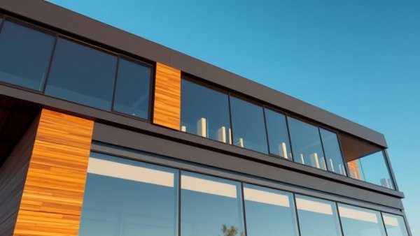 Modern building with high-performance windows and wooden panels.
