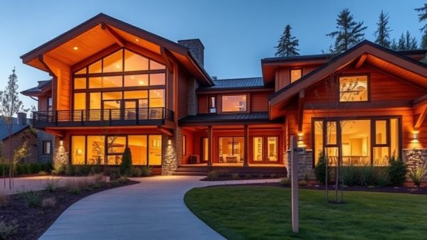 Modern Northwest home design with wood and glass in evening light.
