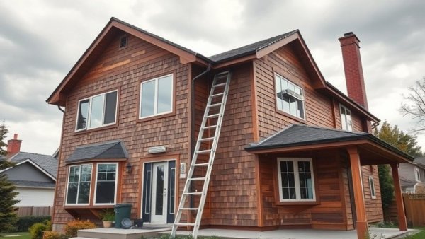 House exterior preparation for painting on a cloudy day.