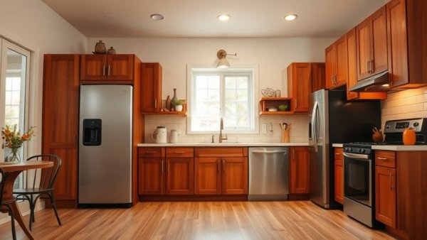Inviting kitchen with wood cabinets, ideal for fall home improvement projects.