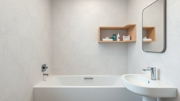 Modern bathroom with geometric tiles and elegant design.