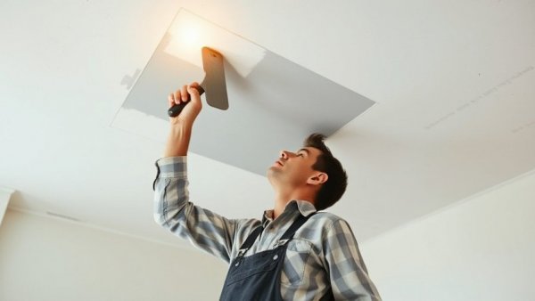 Ceiling damage repair in progress with tools and lighting.