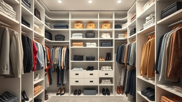Modern top shelf closet organizer with clothes and accessories.
