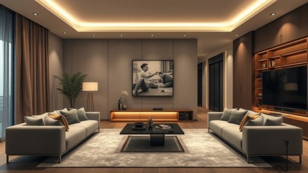 Luxurious living room with under-cabinet lighting solutions.