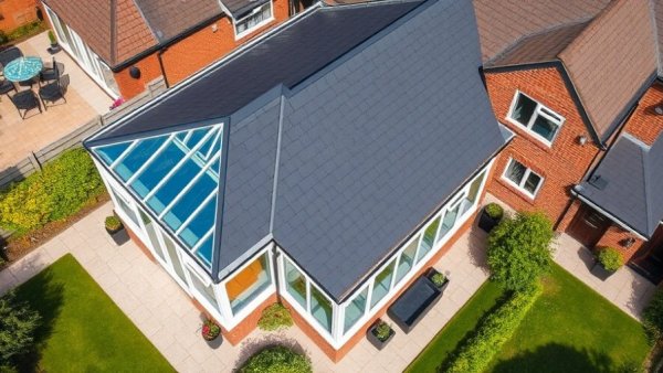 Modern conservatory design with dark tiled roof and garden.