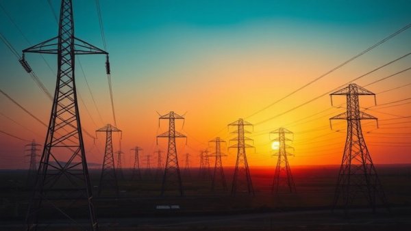 Electricity pylons at sunset illustrating HVAC systems and energy efficiency.